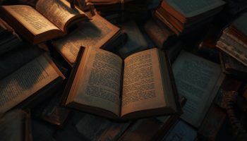 imagen realista de libros abiertos en una vista senital desde arriba